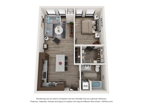 Floor plan for 1 bed, 1 bath, 744 sqft